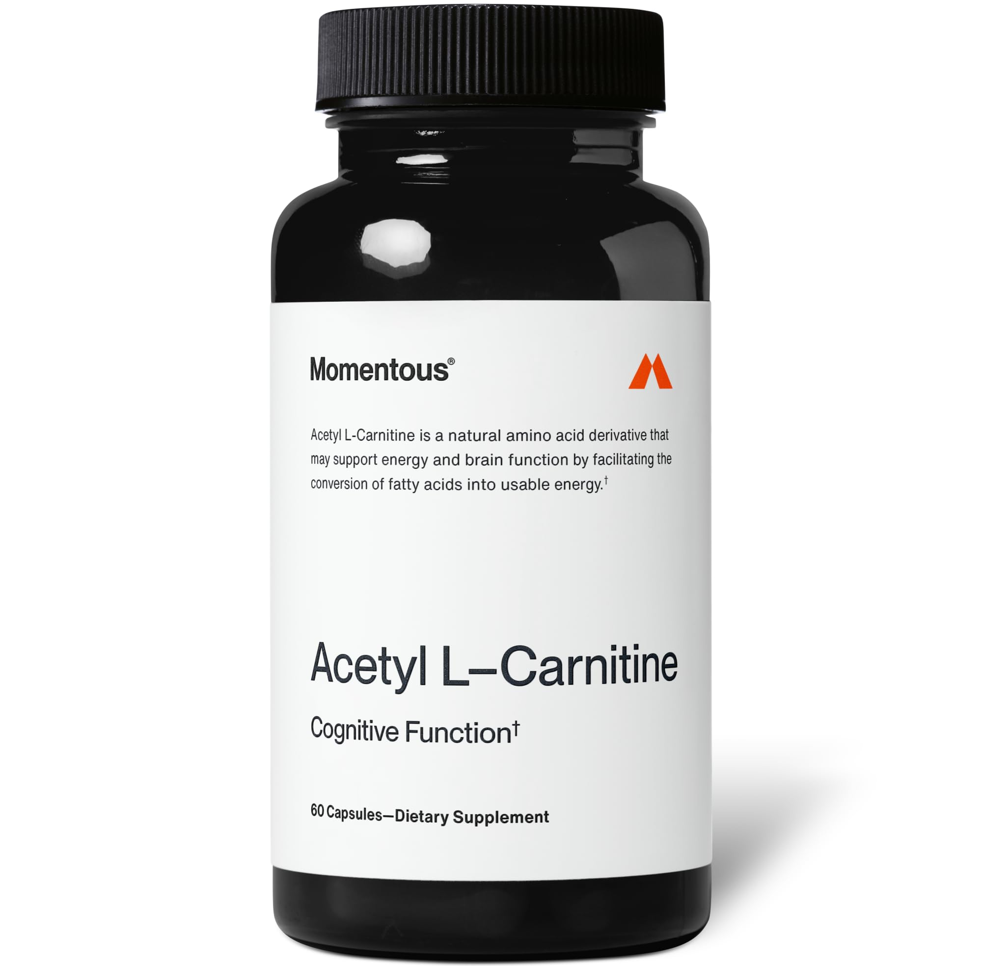 Momentous Acetyl L-Carnitine bottle closeup shows purity for cognitive support.