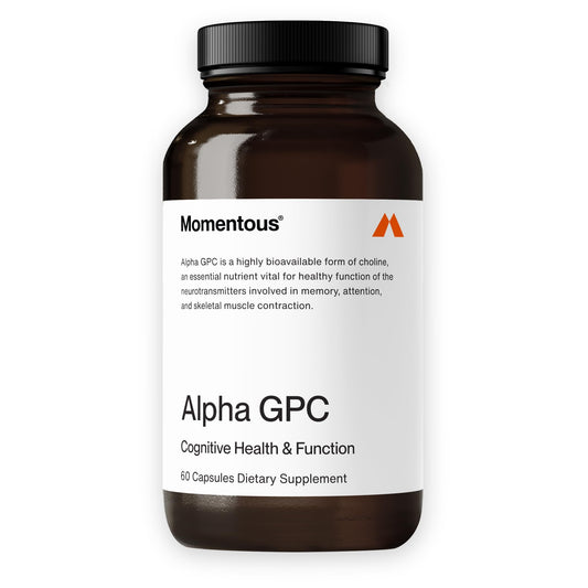 Momentous Alpha GPC bottle, showcasing packaging for cognitive support and athletic performance.
