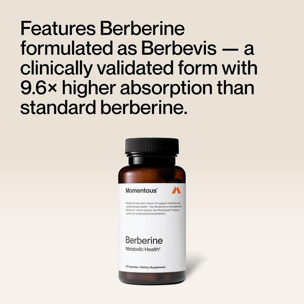 Momentous Berberine label detail shows 550 mg per capsule and high absorption.