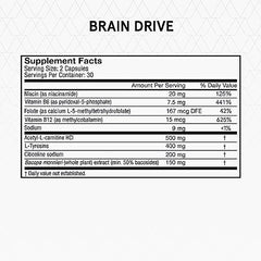 Momentous Brain Drive bottle back displays gluten-free and GMO-free notes for clear nutrition.
