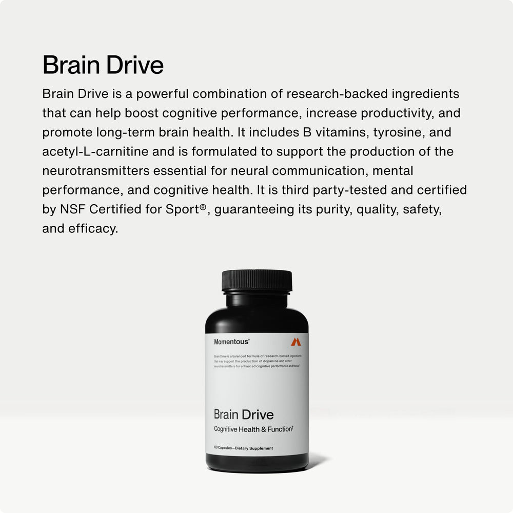 Momentous Brain Drive capsules closeup highlights high-quality ingredients for cognitive support.