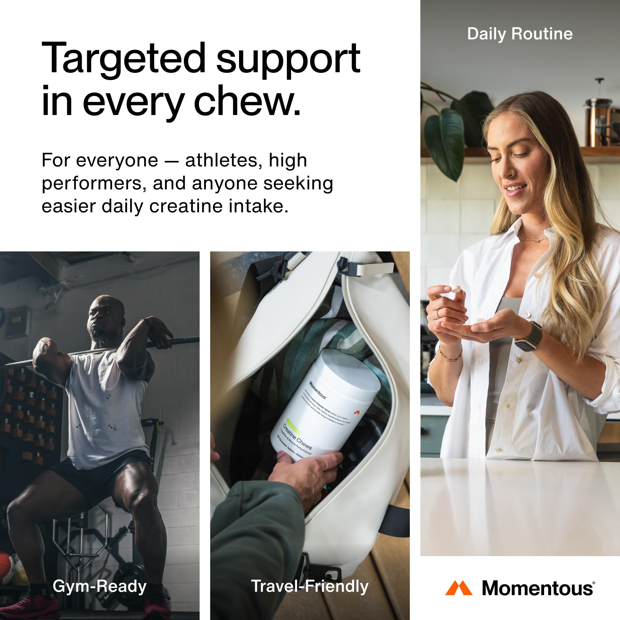 Momentous Creatine Chews lemon-lime bottle back with nutrition information.
