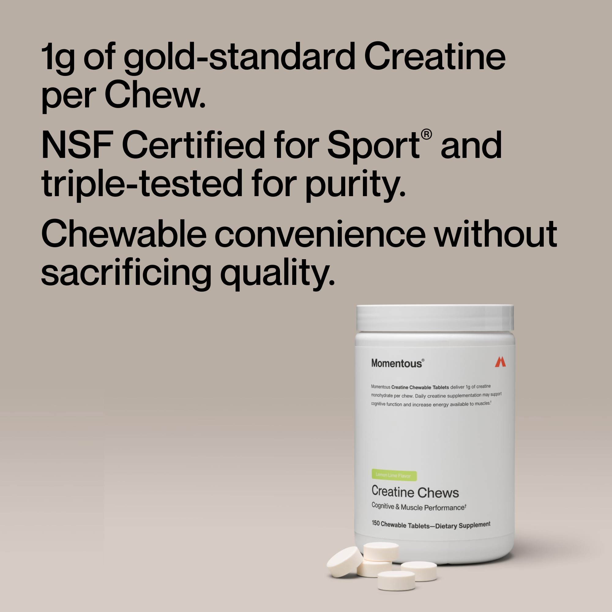 Momentous Creatine Chews lemon-lime bottle front promoting NSF Certified for Sport.