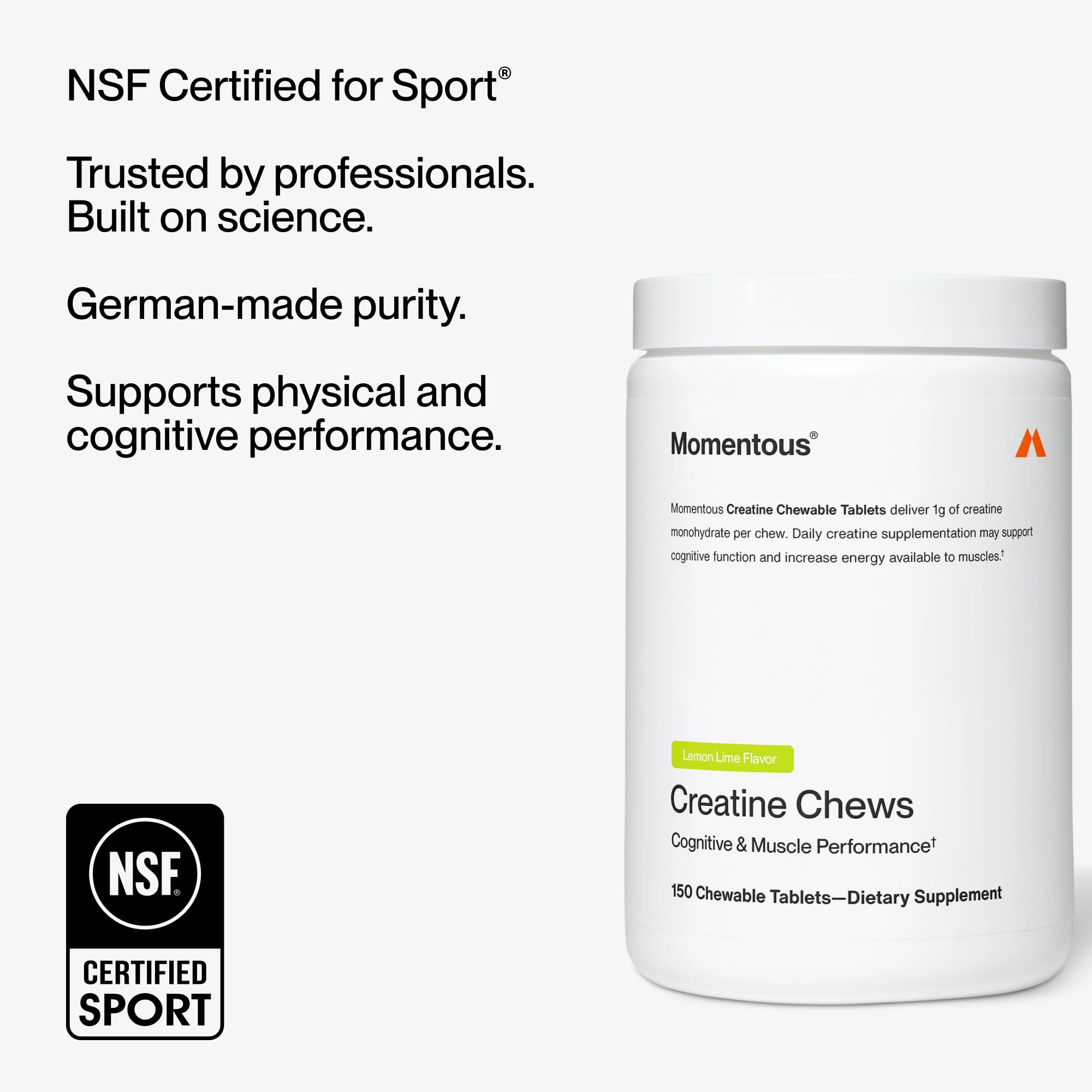 Momentous Creatine Chews lemon-lime flavored tablets for tasty daily supplementation.