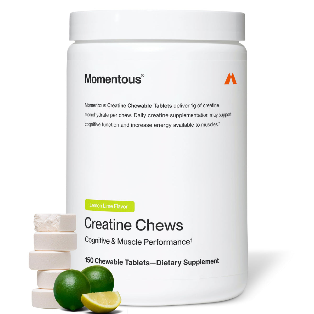 Momentous Creatine Chews lemon-lime pack for easy on-the-go training support.