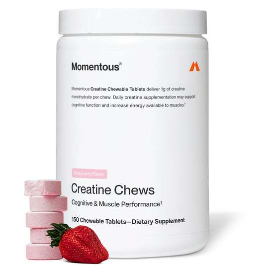 Momentous Creatine Chews packaging front in strawberry flavor for on the go.