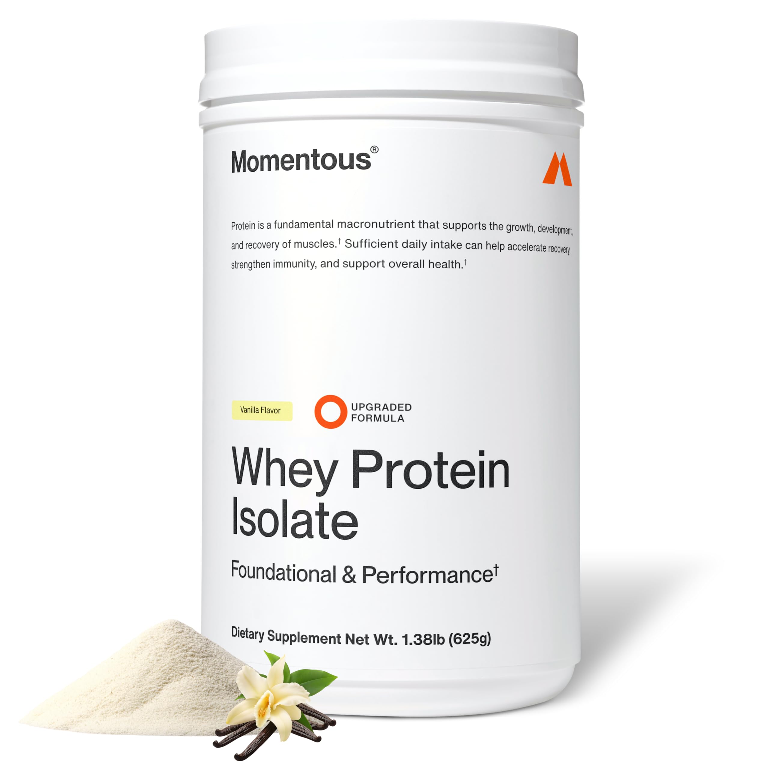 Momentous Essential Grass-Fed Whey Bottle shows pure protein for post-workout recovery.