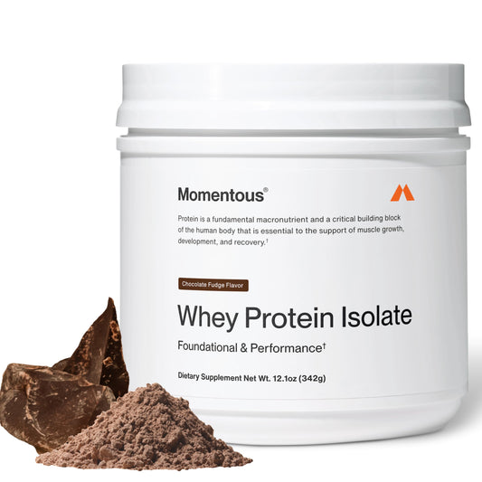 Momentous Essential grass-fed whey container shows premium protein for daily workouts