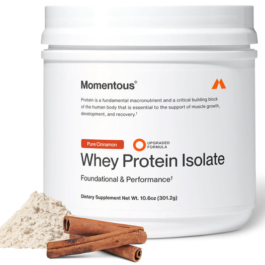 Momentous Essential Grass-Fed Whey Powder bottle with Pure Cinnamon aroma for post-workout recovery