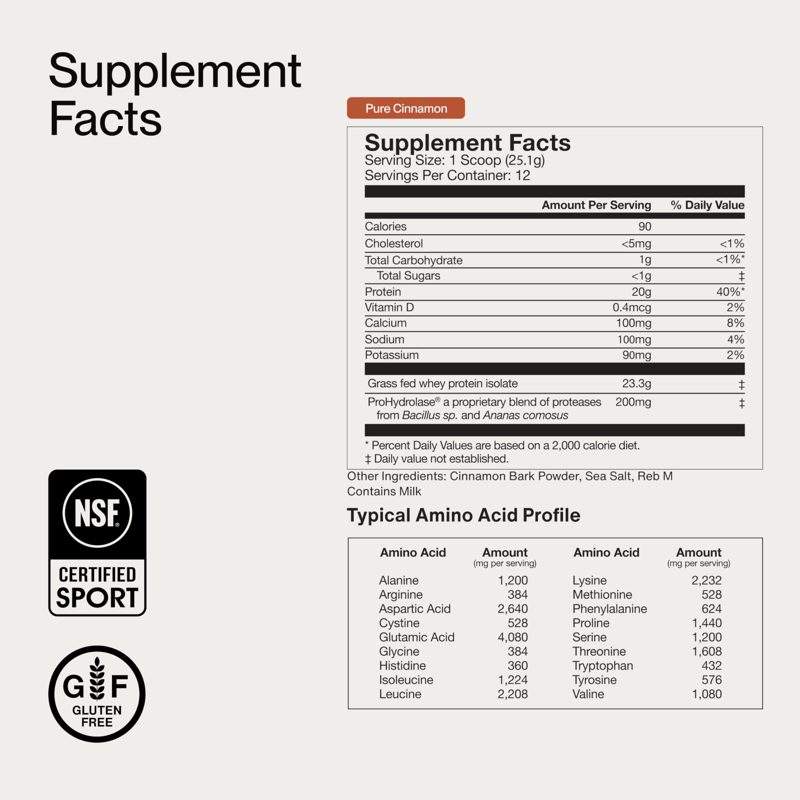 Momentous Essential Grass-Fed Whey Powder nutrition facts panel emphasizes 20 g protein