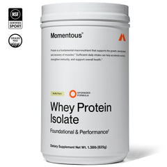 Momentous Essential Grass-Fed Whey Scoop highlights convenient daily protein intake.