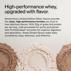 Momentous Essential Grass-Fed Whey Spiced Chai label close-up highlighting quality and purity.