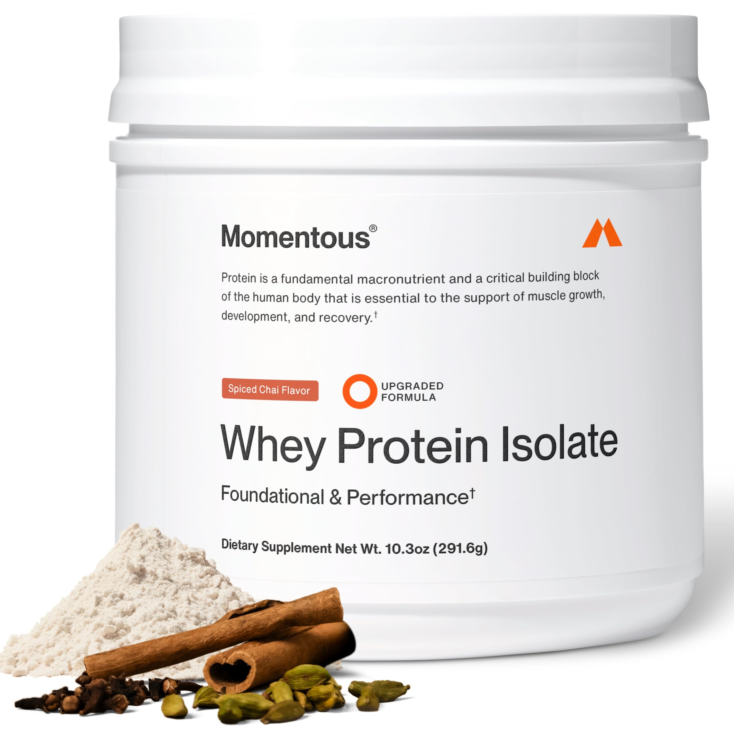 Momentous Essential Grass-Fed Whey Spiced Chai tub ready for a post-workout shake.