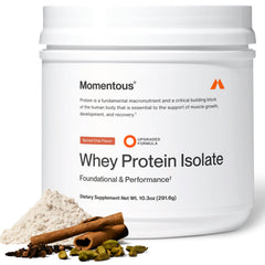 Momentous Essential Grass-Fed Whey Spiced Chai tub ready for a post-workout shake.
