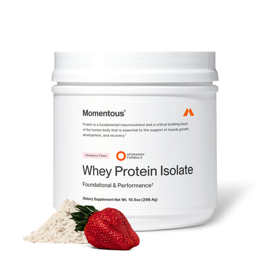 Momentous Essential Grass-Fed Whey Strawberry tub showing high-quality protein and flavor appeal