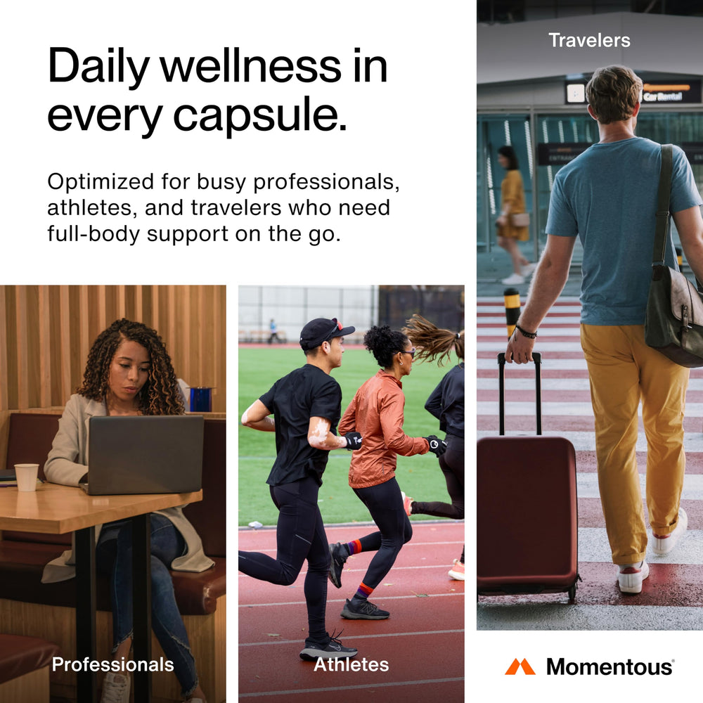 Momentous Essential Multivitamin packaging side reveals gluten-free and GMO-free formula