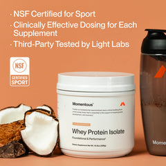 Momentous essential whey chocolate coconut NSF certified stamp signals purity