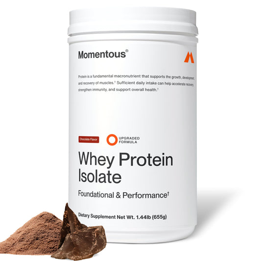 Momentous Essential whey tub front view highlights premium grass-fed protein.