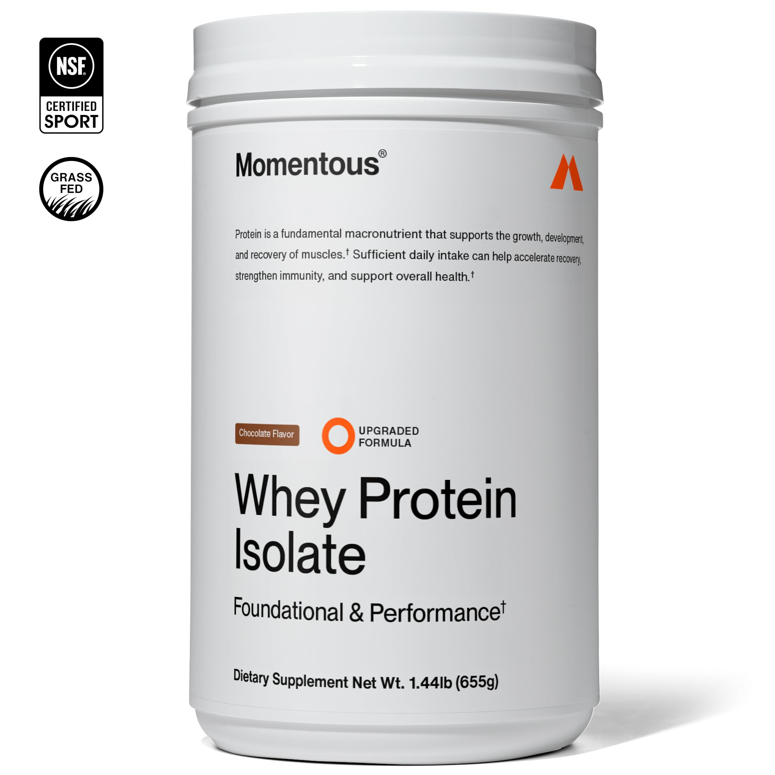 Momentous Essential whey ingredients grass-fed label signaling clean sourcing.