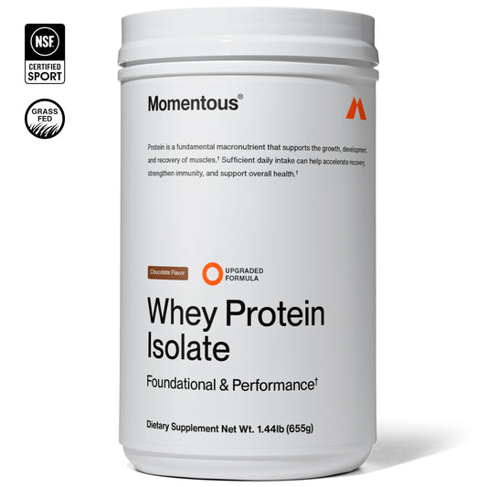 Momentous Essential whey ingredients grass-fed label signaling clean sourcing.