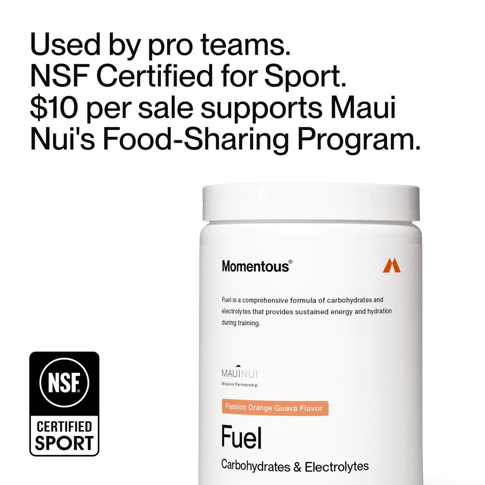 Close-up of Momentous Fuel with electrolytes highlighting hydration support during activity.