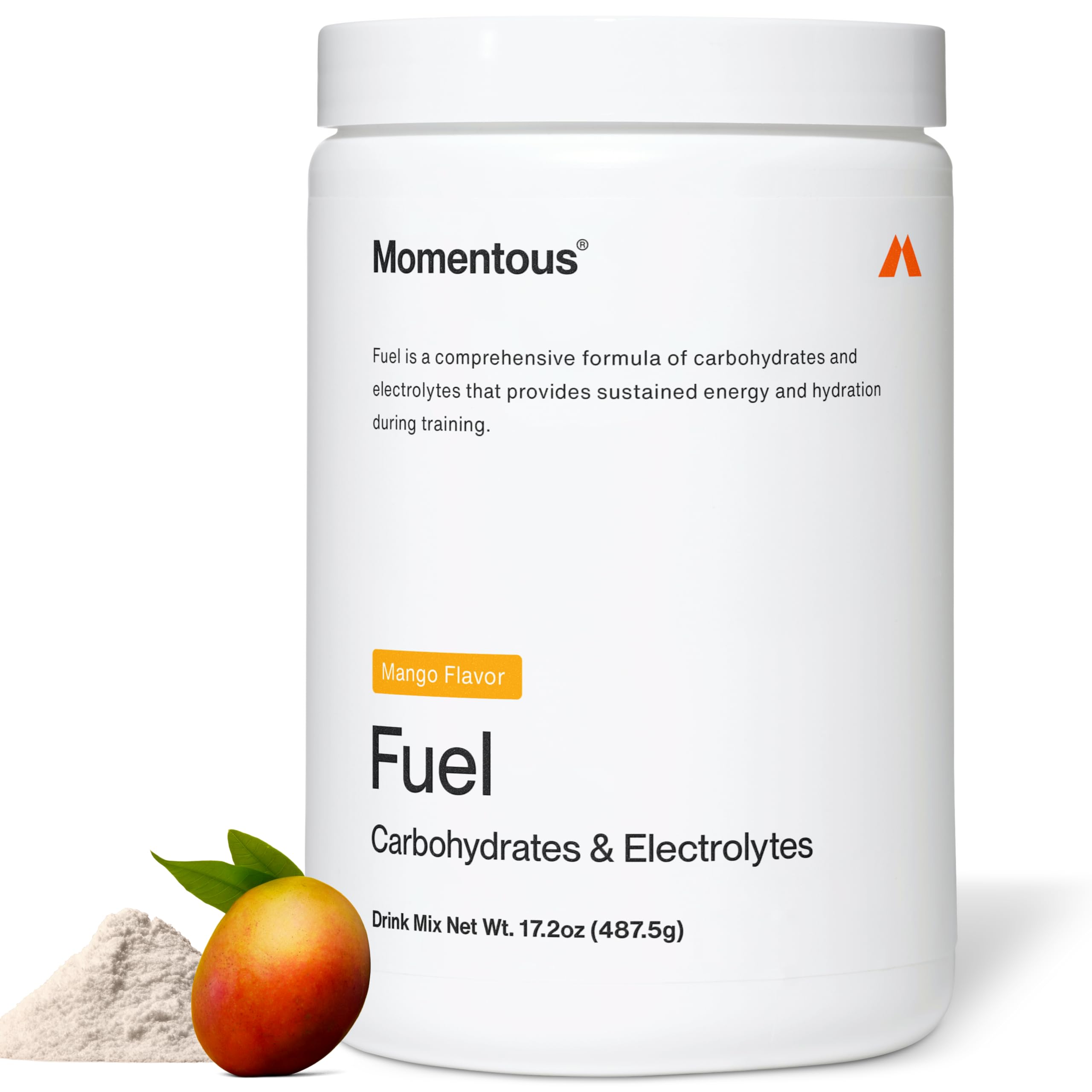 Momentous Fuel bottle pouring mango flavor for sustained energy during workouts