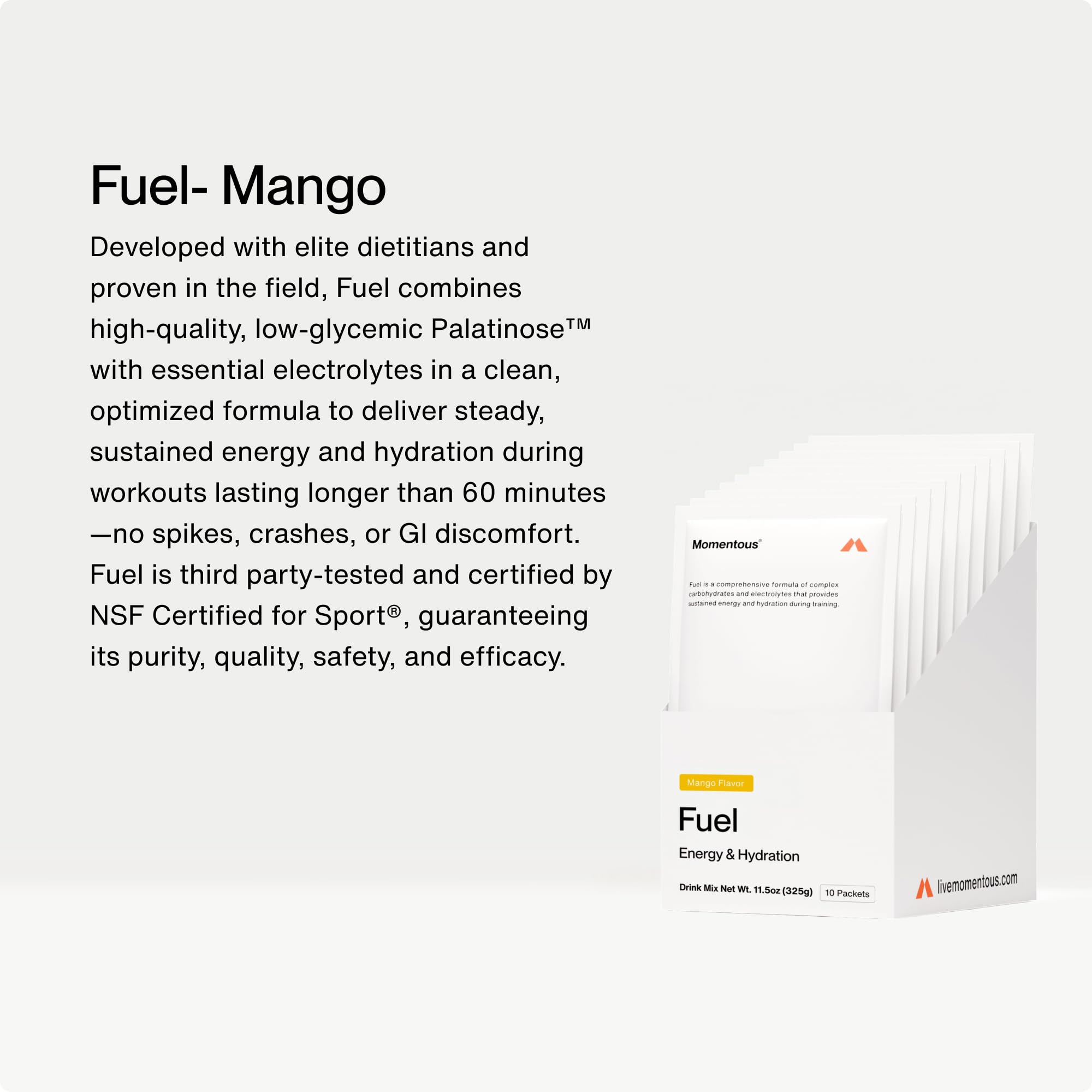 Momentous Fuel mango powder tub highlights NSF Certified for Sport and clean hydration.