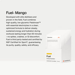 Momentous Fuel mango powder tub highlights NSF Certified for Sport and clean hydration.