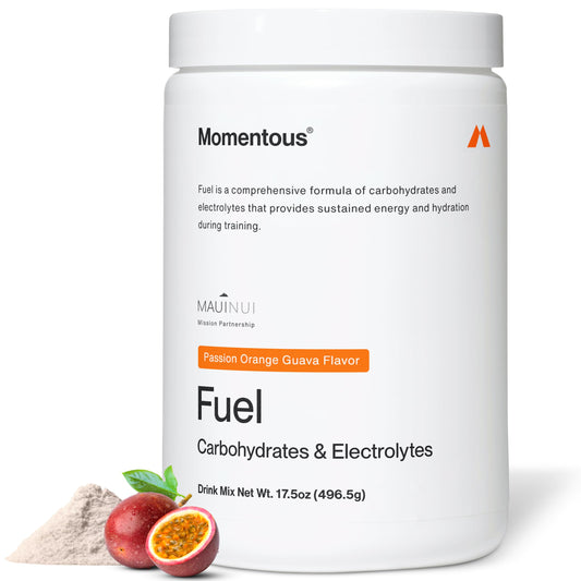Momentous Fuel Passion Orange Guava tub ready for long-lasting energy and hydration.