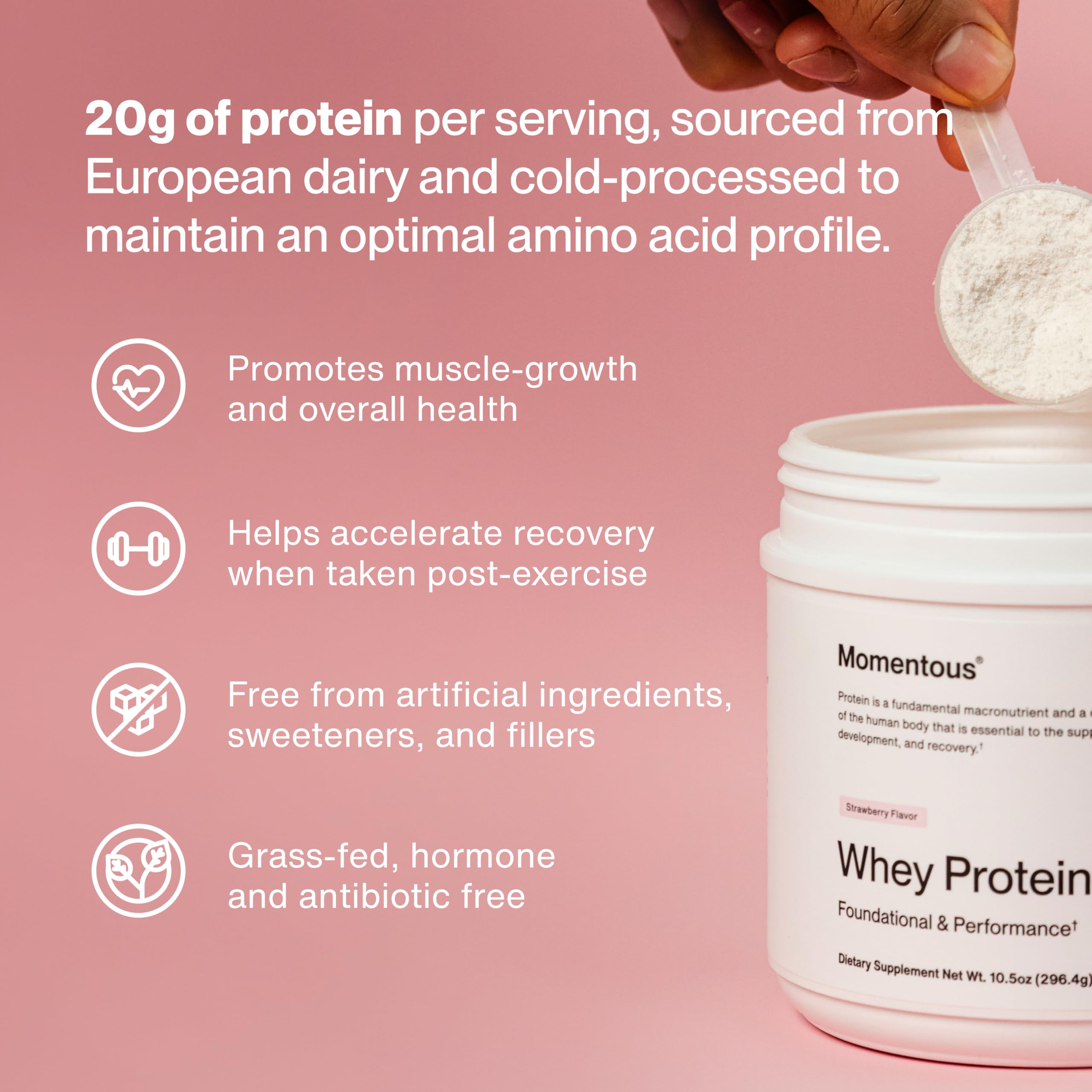 Momentous grass-fed whey in a shaker for easy mixed drinks