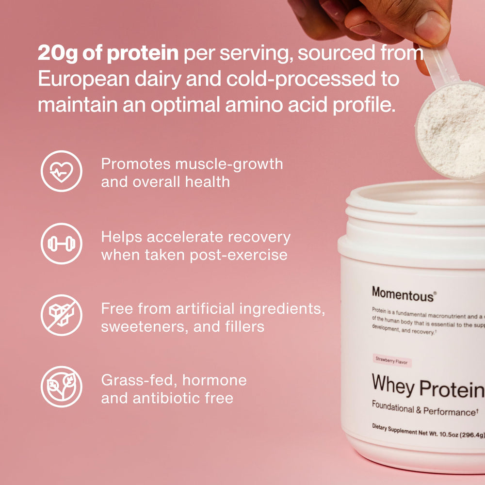 Momentous grass-fed whey in a shaker for easy mixed drinks