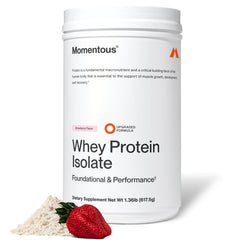 Momentous Essential Grass-Fed Whey Strawberry front-pack highlights high-quality protein for post-workout recovery.