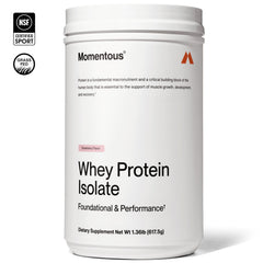 Momentous Essential Grass-Fed Whey Strawberry scoop shows convenient serving for quick fueling.