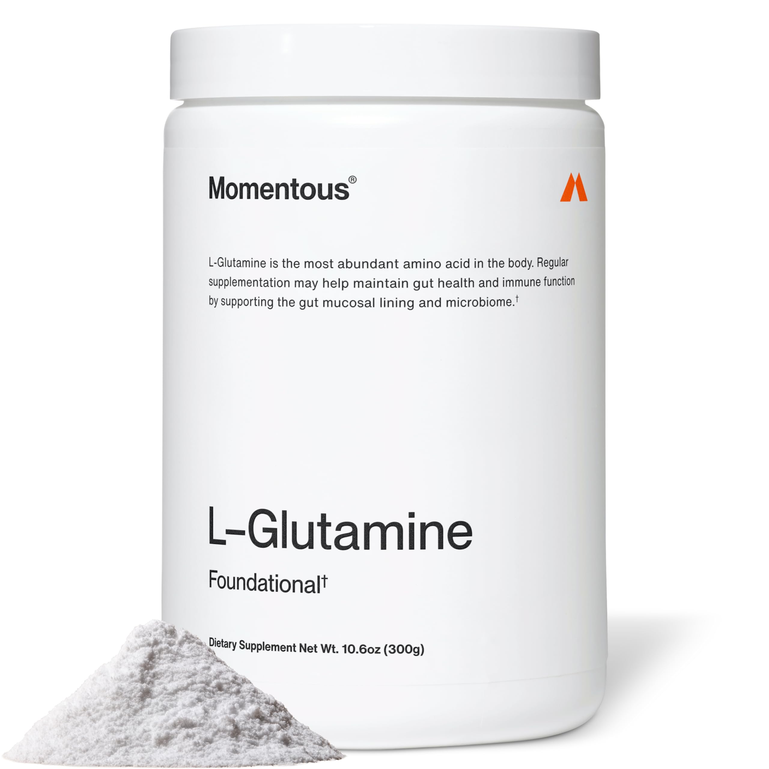 Momentous L-Glutamine Powder bottle highlights gut health support and recovery potential.