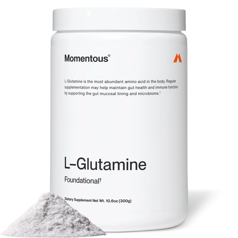 Momentous L-Glutamine Powder bottle highlights gut health support and recovery potential.