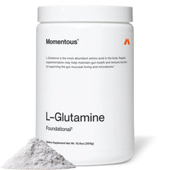 Momentous L-Glutamine Powder bottle highlights gut health support and recovery potential.