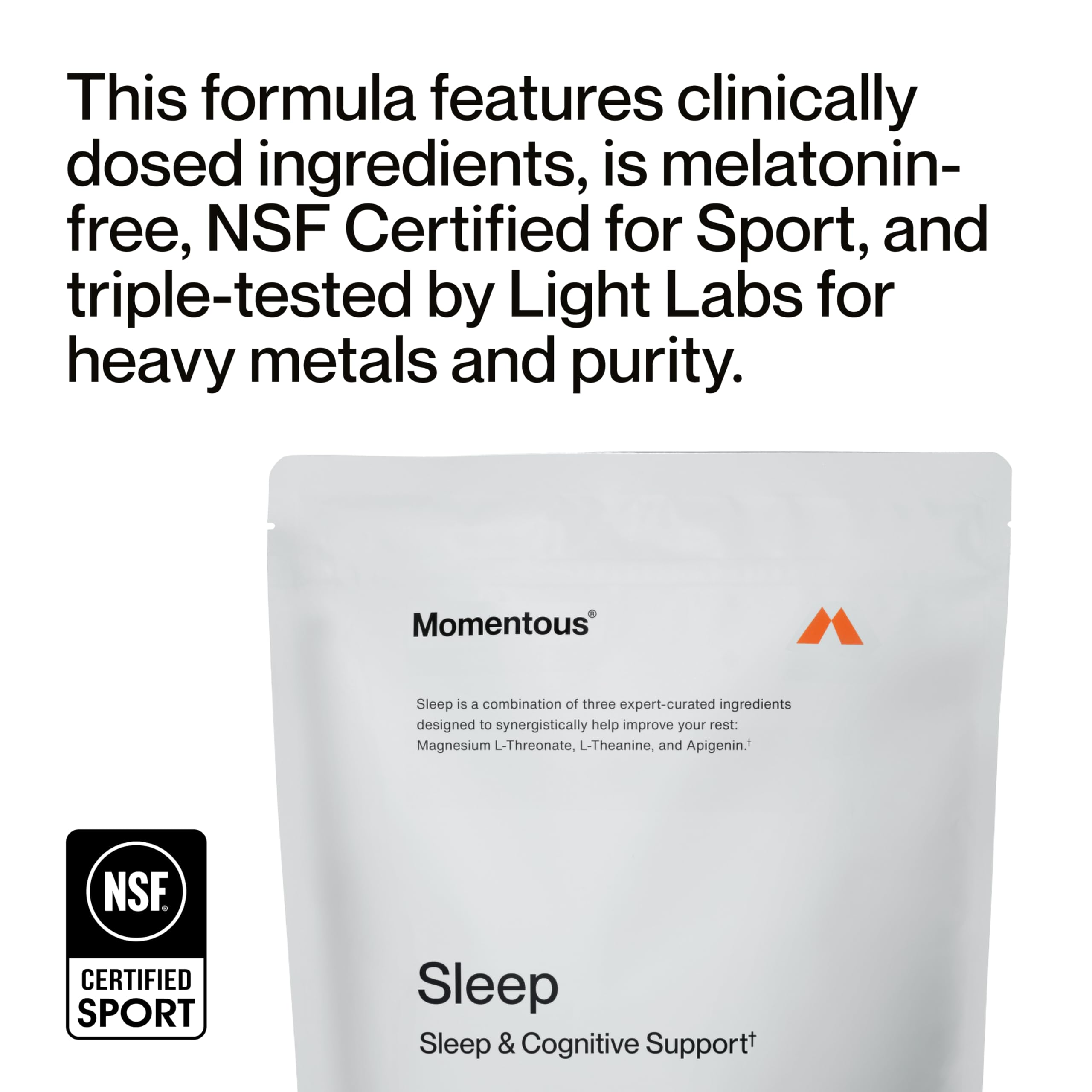 Momentous Nightly Sleep Pack ingredient list shows key sleep-supporting ingredients
