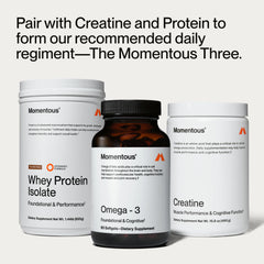 Momentous Omega-3 capsules in hand illustrate convenient daily nutrition.