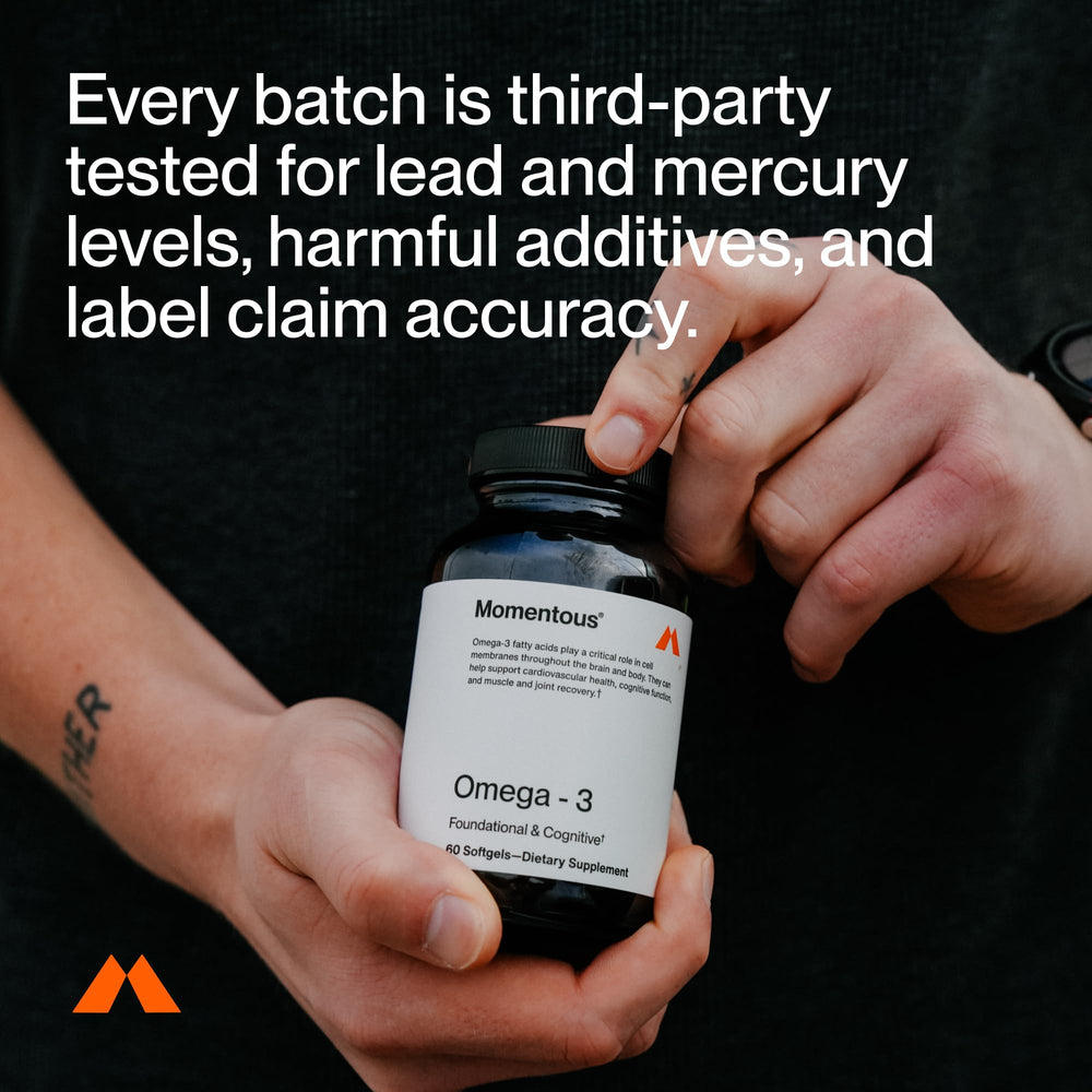 Momentous Omega-3 ingredients sourcing features anchovies, sardines, and mackerel for purity.