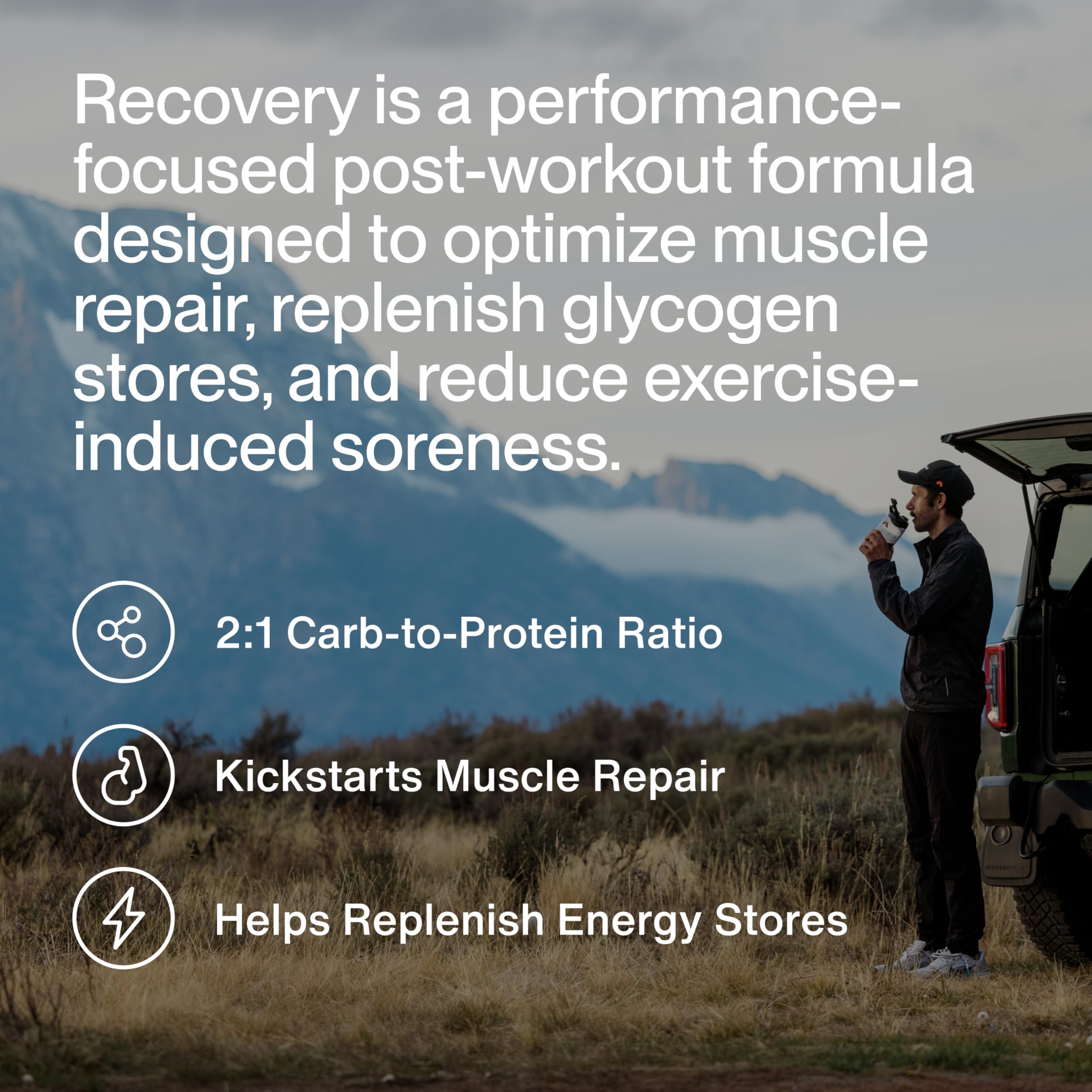 Momentous Recovery whey powder close-up highlighting rich chocolate flavor.