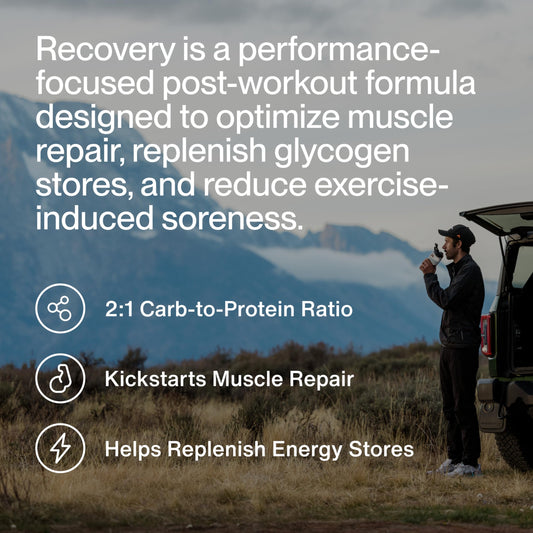 Momentous Recovery whey powder close-up highlighting rich chocolate flavor.