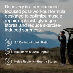 Momentous Recovery whey powder close-up highlighting rich chocolate flavor.