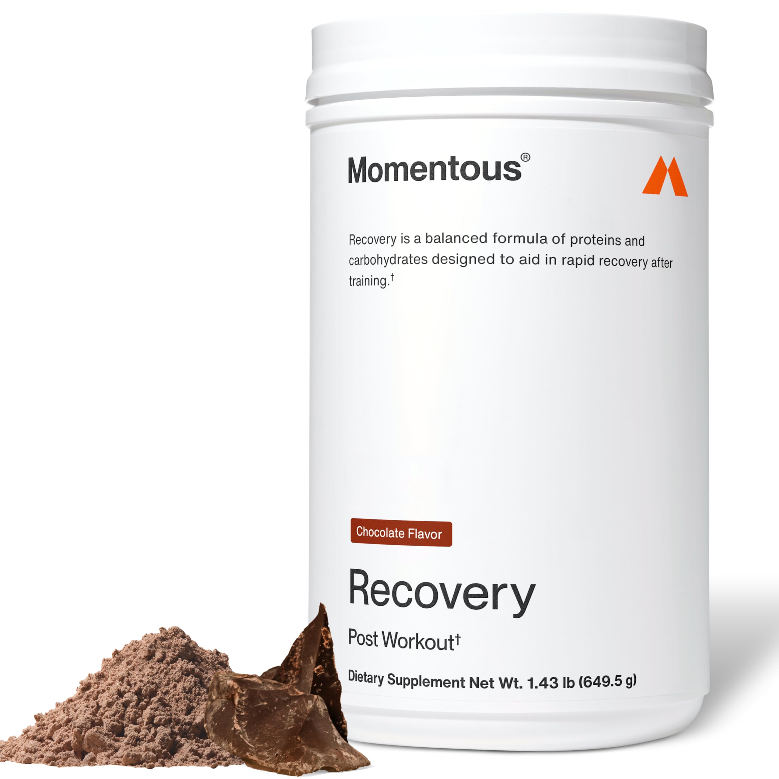 Momentous Recovery grass-fed whey protein bottle for post-workout fueling.