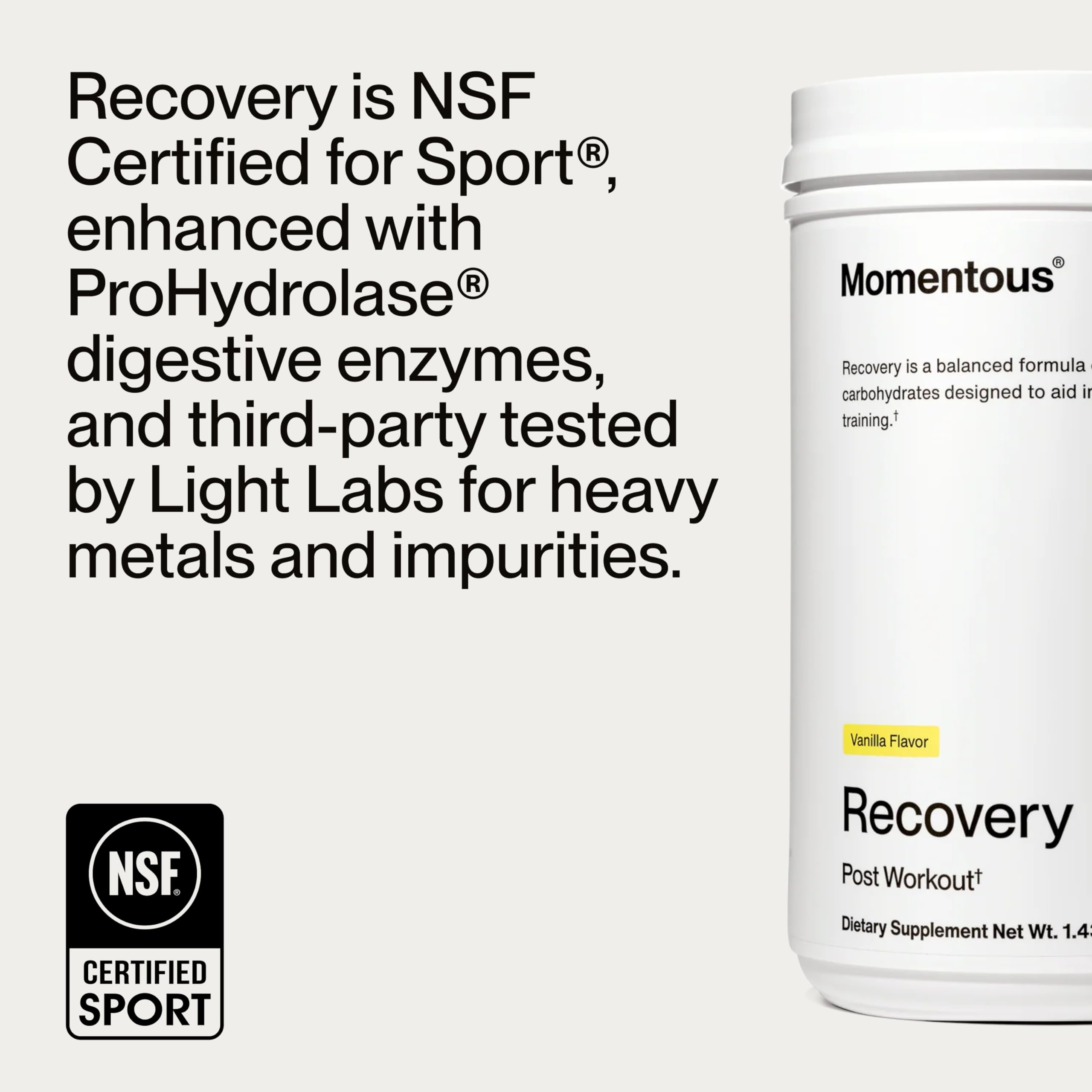 Momentous Recovery vanilla powder scoop ready for convenient blending with liquids