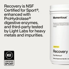 Momentous Recovery vanilla powder scoop ready for convenient blending with liquids