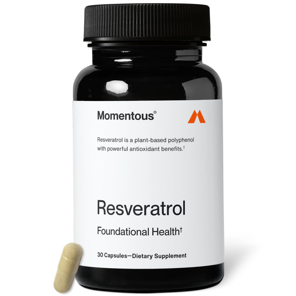 Momentous Resveratrol bottle front for daily wellness and longevity.