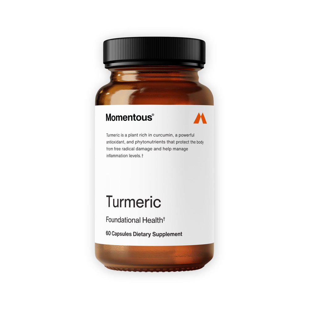 Momentous Turmeric bottle front view showing gluten-free formula