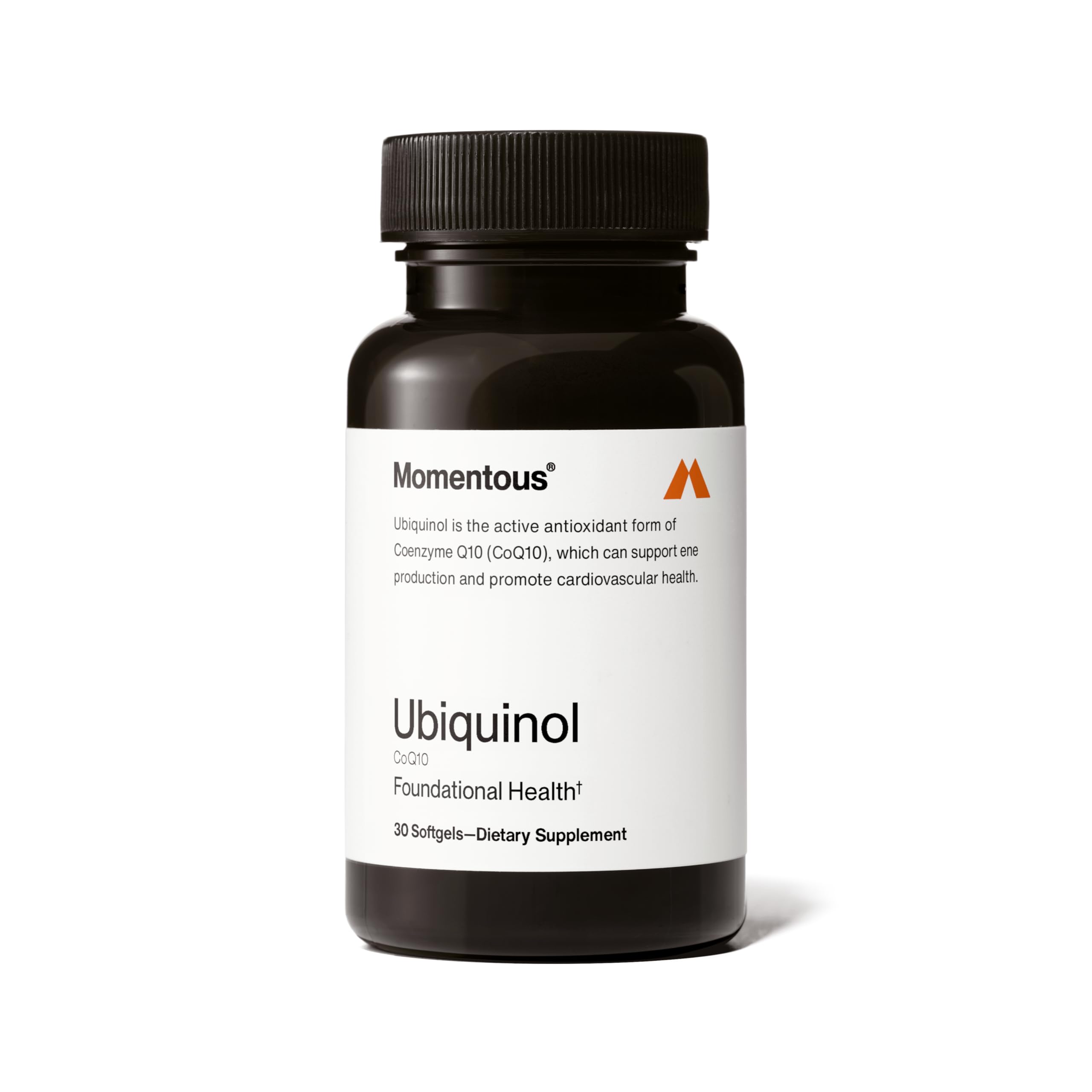Momentous Ubiquinol bottle front shows a trusted CoQ10 source for foundational energy support.
