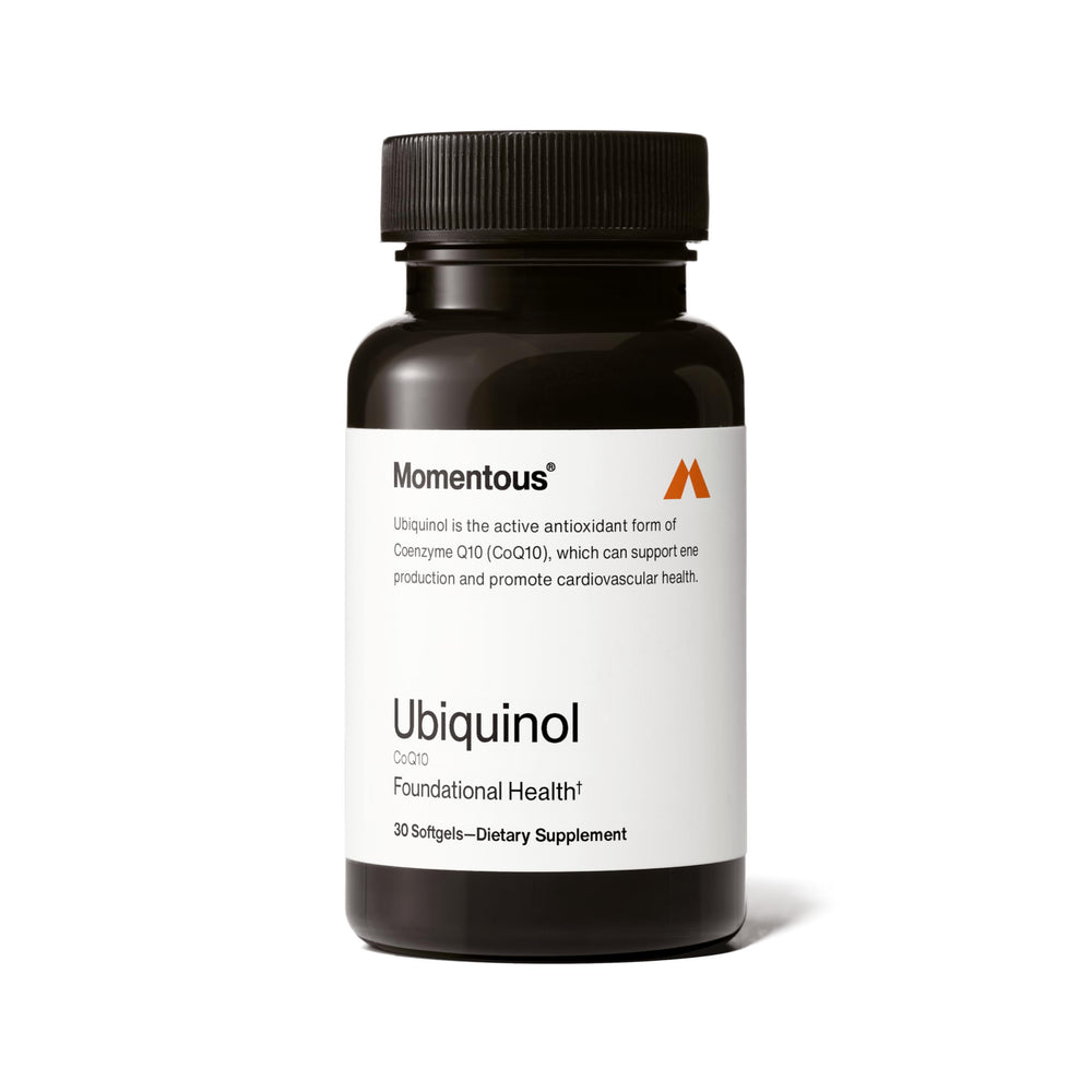 Momentous Ubiquinol bottle front shows a trusted CoQ10 source for foundational energy support.