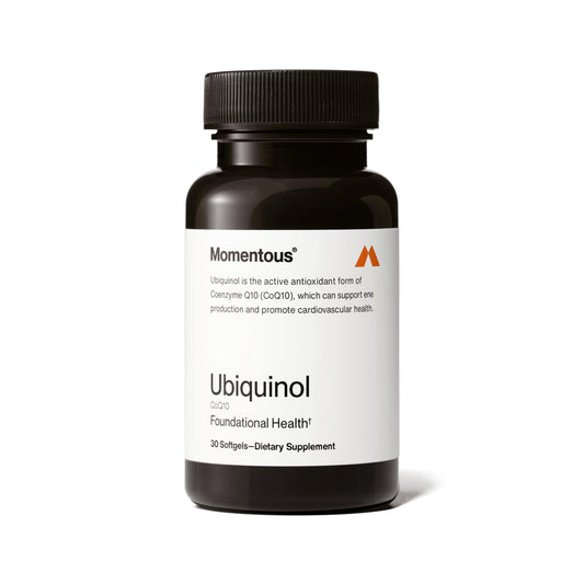 Momentous Ubiquinol bottle front shows a trusted CoQ10 source for foundational energy support.